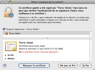 Message d'avertissement Java Mac OS Terra-Octet