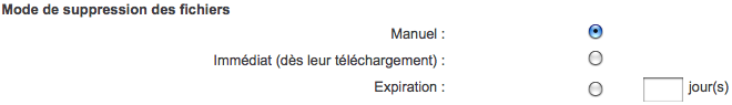 Formulaire du mode de suppression des fichiers