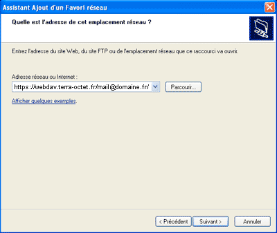 Fenêtre de connexion Favori réseau Windows XP